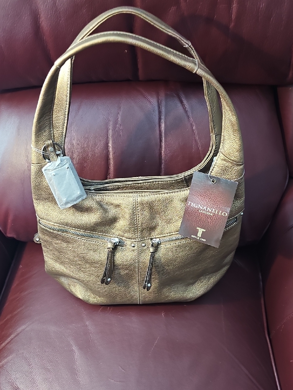 Tignanello Metallic Bronze Leather Hobo Shoulder Bag